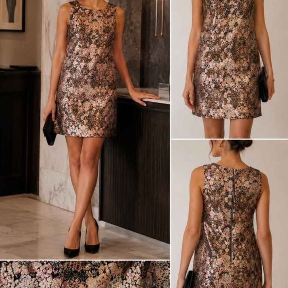 H&M Metallic Brocade Shift Dress Size 8 Rose Gold Black Cocktail Party Dress